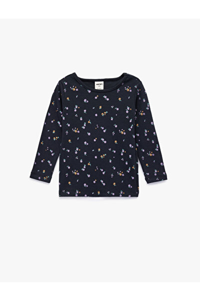 Koton Μπλουζάκι με μακρυμάνικο λουλουδάτο λαιμόκοψη από βαμβάκι