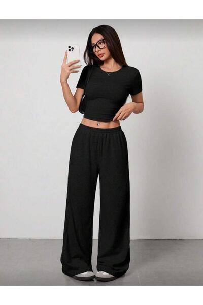 Le Vion Γυναικείο μαύρο παντελόνι μεγάλου μεγέθους, φαρδιά γραμμή, ελαστικό, ...