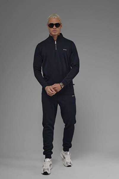 SOFTWAY Φούτερ Unisex Regular Fit ψηλός λαιμός με μισό φερμουάρ Interlock Pique - Navy Blue