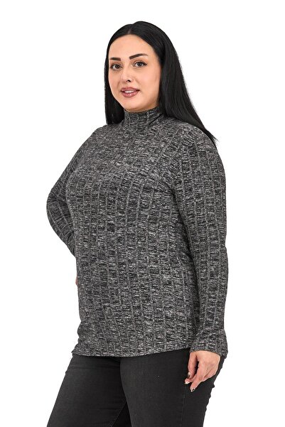 DISENTIS MODEST Plus Size Half Fisherman Long Sleeve Knitwear Striped Black Bodysuit
