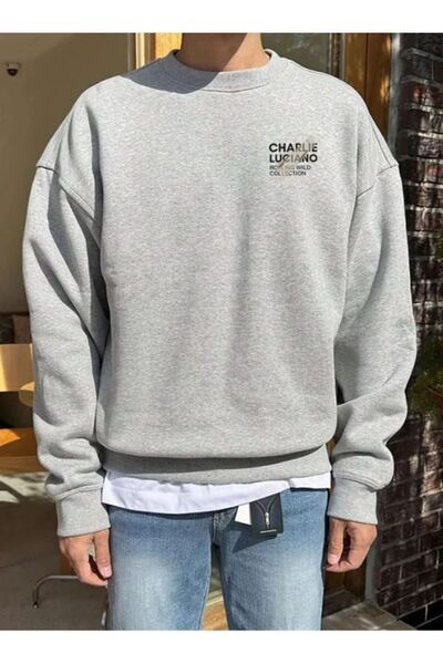 herkesemoda Charlie Print Detailed Crew Neck Sweatshirt Gray