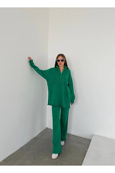 GİYSİ DÜNYASI 57 Knitted Fabric Zippered Polo Collar Sweater Pants 2-Piece Set