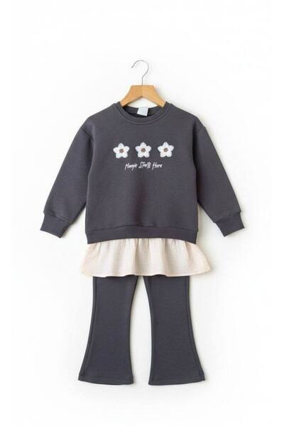 LUCCO Kız Çocuk Pamuklu Antrasit Çiçek Nakışlı Sweatshirt ve Flare Tayt Takım