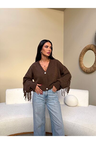 LE CARAMBOLE Women's Brown Front Buttoned Tassel Detailed Knitwear Cardigan