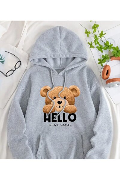 herkesemoda Hello Stay Scool Print Detailed Hooded Sweatshirt Gray