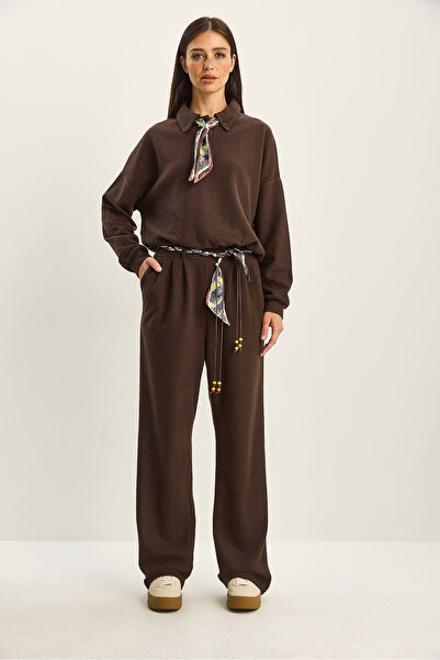 Bianco Lucci Women's Polo Neck Scarf Detailed Top and Bottom Thessaloniki Set 6958-59 60283822