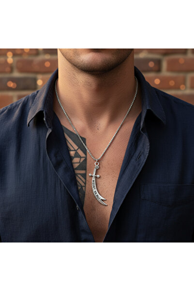 Alooya Koruyucu Zülfikar Kılıcı Gümüş Kaplama Örme Zincir Kolye