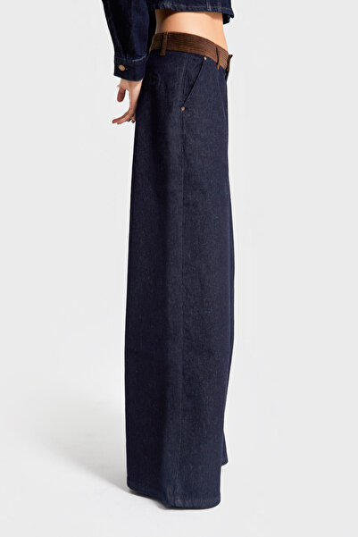 its basic Women's Indigo Color 7W5-50 W Wide Leg Palazzo Fit Belt Detailed 100% Cotton Special Design Denim Jean