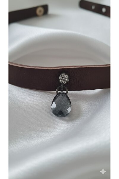 Süspüs Accessories 925 Ayar Füme Damla Taş Sallantılı, Deri Choker Kolye