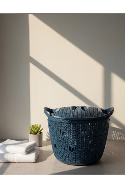 abnturk Örgü Desenli Koyu Mavi Kapakli 12 Litre Meyve Sebze Sepeti Patates So...