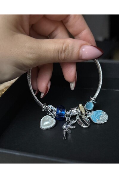 Artepieza co. سوار فولاذي مطلي بالفضة بتصميم صدف البحر الأزرق - طقم سوار جاهز