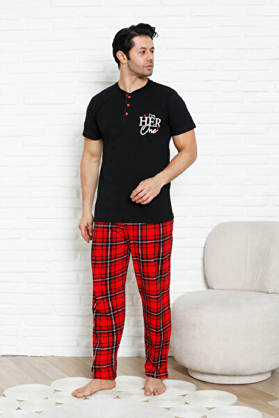 Enisena Men's Pajama Set - Plaid Bottoms-3 Buttoned - 100% Cotton 12386