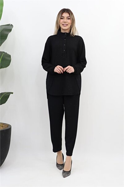 Alvina Taşlı Pantolonlu Takım - Siyah