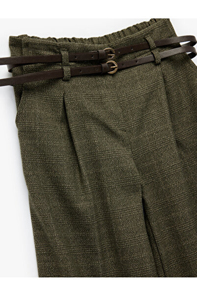 Koton Viscose Blend Plaid Wide Leg Trousers with Belt Detail