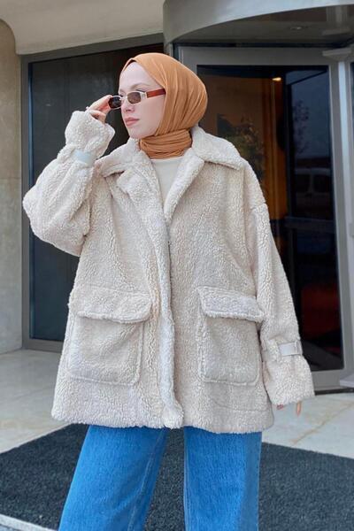 lamelif Zippered Teddy Coat with Sleeve Detail Stone