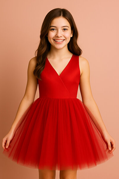 NSMLİFE Girl's Wrap Collar Mini Plain Skirt Puffy Dress