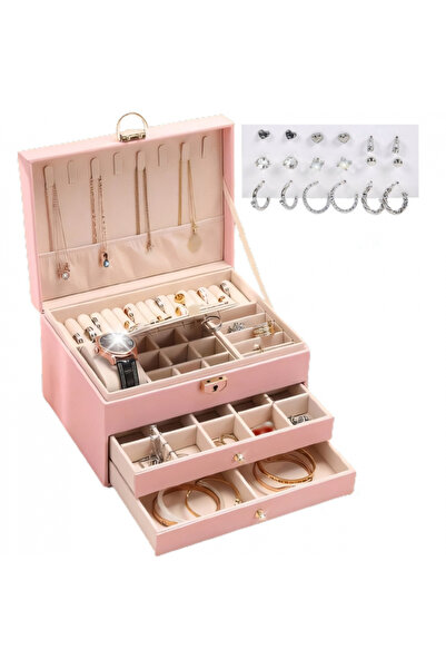 AVA-STARS 3-level velvet jewelry box with key, 2 drawers, includes 9 pairs of...