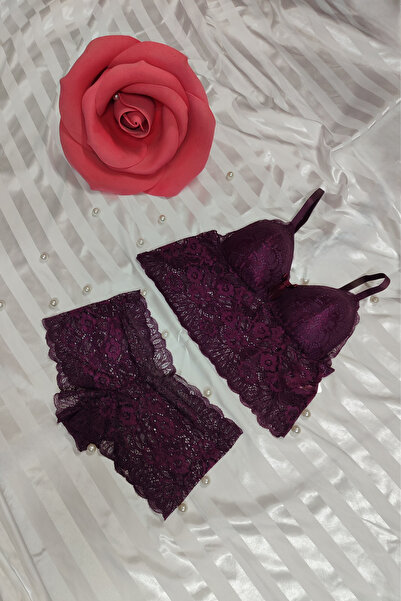 AYSEMİN TEKSTİL Bralet Boxer Dantel Takım Çiçek Detaylı Üçgen Sütyen