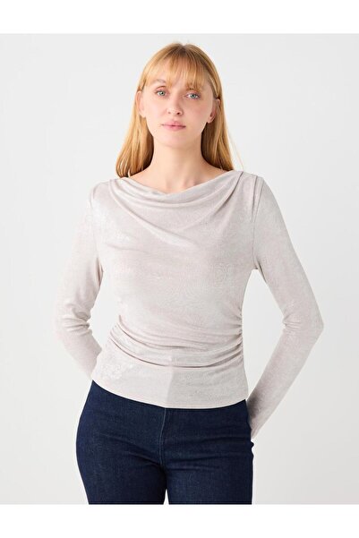 Jimmy Key Gray Draped Collar Long Sleeve Knitted Blouse