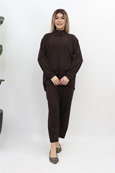 Alvina Taşlı Pantolonlu Takım - Kahve