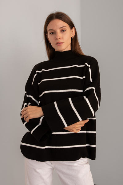 badibadii Women's Black Oversize Striped Half Turtleneck Knitwear Sweater
