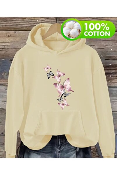 herkesemoda Flying Butterflies Print Detailed Hooded Sweatshirt Beige