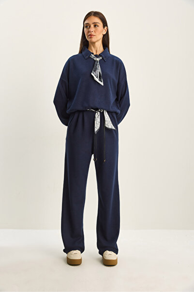 Bianco Lucci Women's Polo Neck Scarf Detailed Top and Bottom Thessaloniki Set 6958-59 60283822