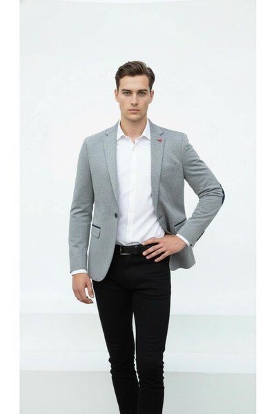 Plus Scorpion Plusscorpion Gray Men's Italian Cut Blazer Jacket – Navy Blue Detail, Sleeve Patch, S Slim Fit Stylish Tasa