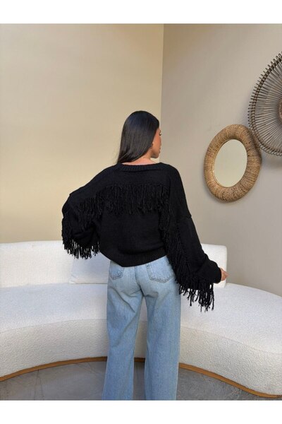 LE CARAMBOLE Women's Black Buttoned Front Tassel Detailed Knitwear Cardigan