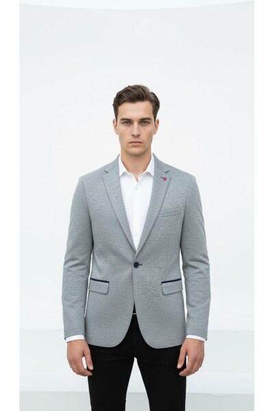 Plus Scorpion Plusscorpion Gray Men's Italian Cut Blazer Jacket – Navy Blue Detail, Sleeve Patch, S Slim Fit Stylish Tasa