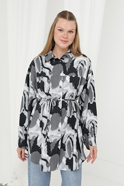 Puane Women's Belted Patterned Shirt-10693Gml - Antracite