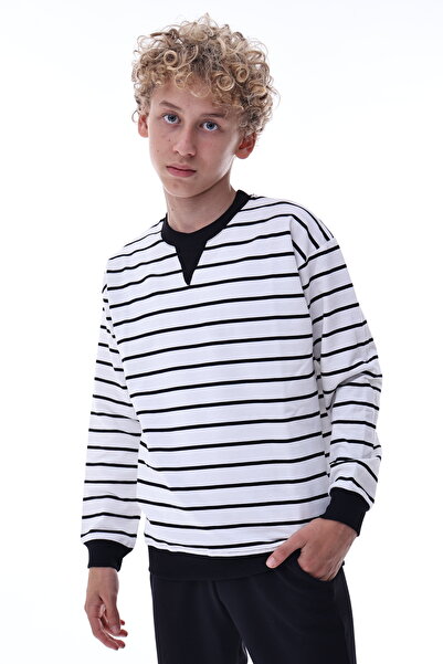 CQCQ Ριγέ Φούτερ για Αγόρια με 2 Κλωστές – Μαύρο και Λευκό Βαμβακερό Άνετο Σχ...