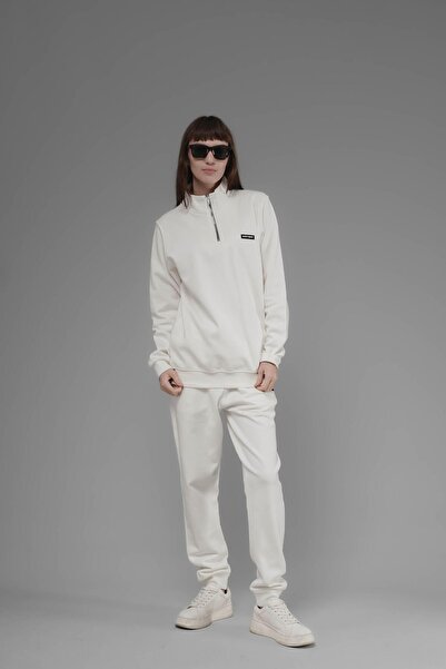 SOFTWAY Φούτερ Unisex Regular Fit ψηλός λαιμός με μισό φερμουάρ Interlock Pique - Λευκό