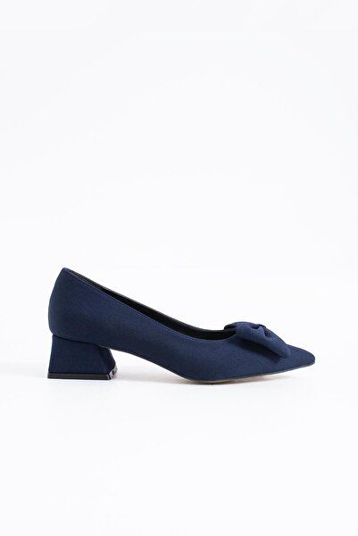 Moda Pie Floret Bow Low Heel Women's Shoes Navy Blue Satin