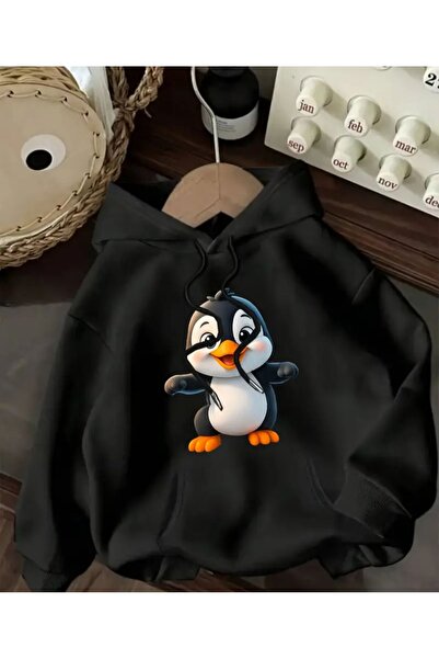 herkesemoda Μαύρο φούτερ με κουκούλα με χαριτωμένη λεπτομέρεια εκτύπωσης με πιγκουίνο