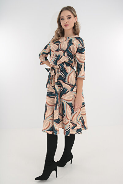 Trend Land Beige midi dress with turquoise abstract print