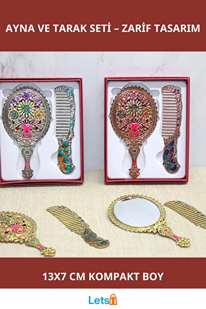 Letsii طقم مرآة ومشط معدني بنقشة زهور صغير الحجم 13×7 سم