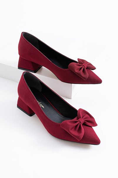 Moda Pie Floret Bow Low Heel Women's Shoes Burgundy Satin