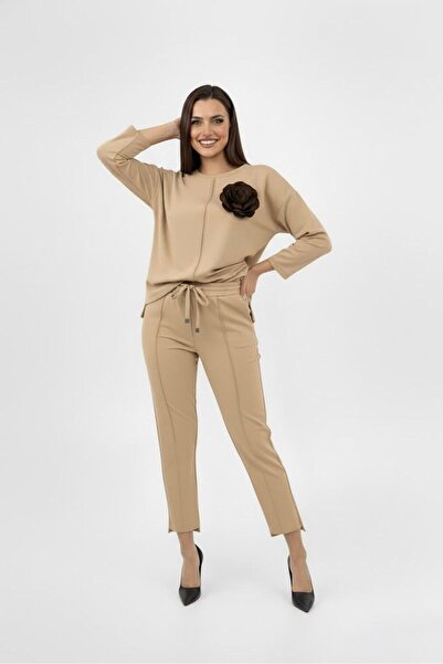 Koza Butik Women's Plus Size Three Quarter Sleeve Floral Detailed Two Thread Tracksuit Set 8224-26