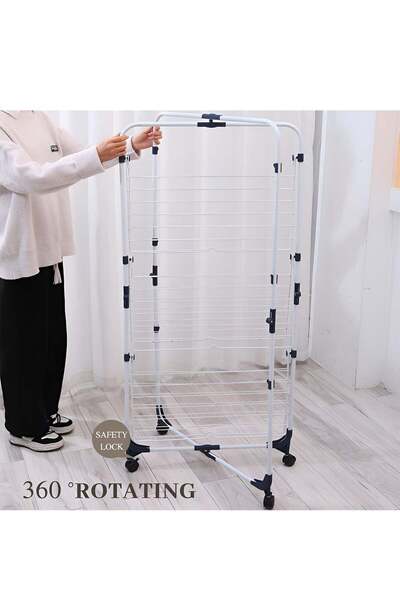 Taimi 3-Tier Foldable Clothes Drying Rack with Wheels and 4 Hooks - Steel Laundry Rack for Indoor - White