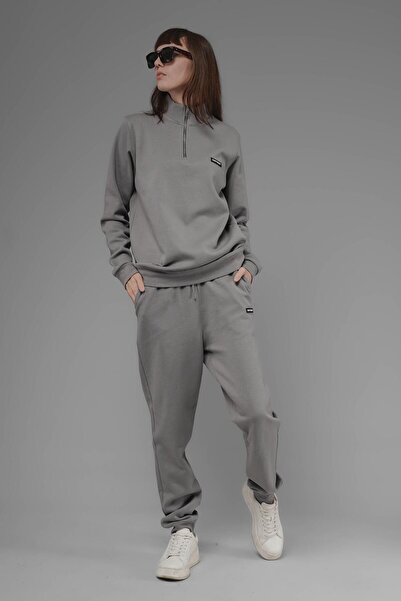 SOFTWAY Φούτερ Unisex Regular Fit ψηλός λαιμός με μισό φερμουάρ Interlock Pique - Γκρι