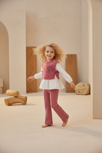 Yalçınoğlu Kids Girl's Pink Ruffled Two-Piece Set I Blouse and I Flared Antolon I Shirt Sweater Tracksuit Jewelry