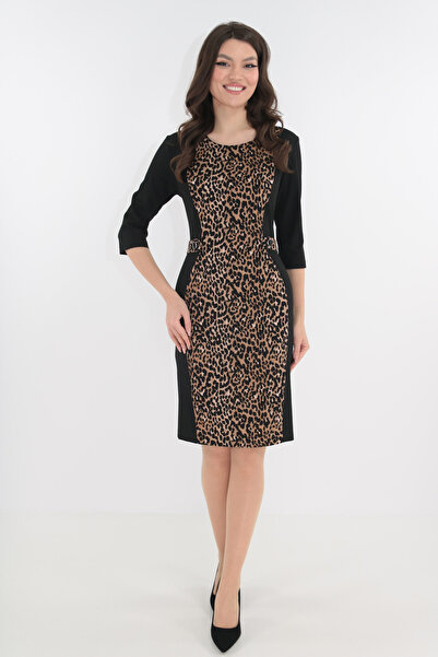 Vanessa Line RO Black office dress with brown animal print