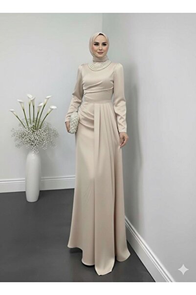 STİLZERAFET Women's Side Cape Pearl Necklace Evening Dress