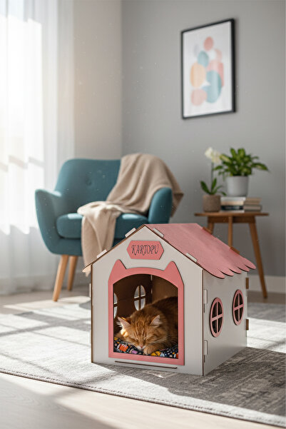 GOBYPET Ahşap Özel İsim Baskılı Dekoratif Kedi Evi-Kulübesi, Kediler İçin Kul...