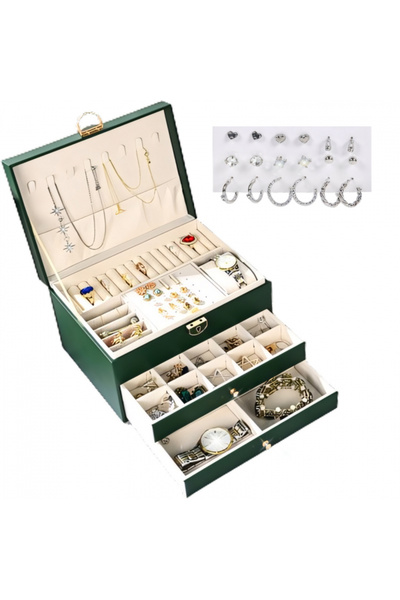 AVA-STARS Cutie de bijuterii din catifea cu 3 niveluri și cheie, 2 sertare, i...