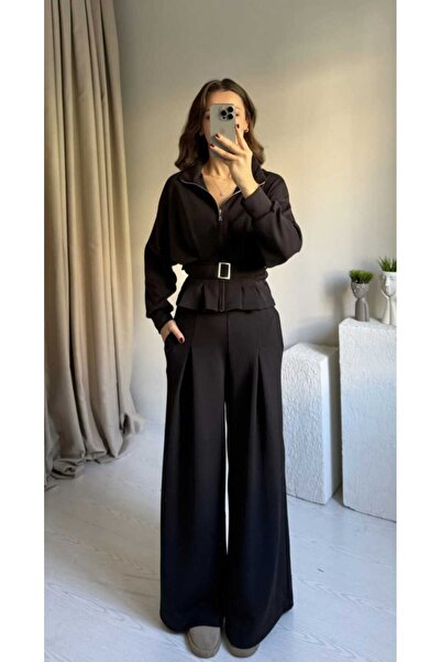 ForOus Black Pants Suit with Zippered Belt Detail