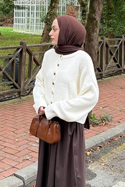 lamelif Gold Button Detailed Cardigan White