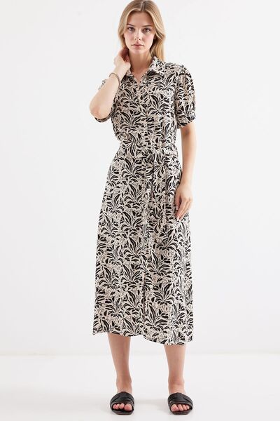 Hiccup Bdart Floral Print Midi Dress with Belt and Shirt Collar