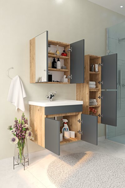 makbulce Tokyo Havlu Dolaplı 65cm Seramik Lavabolu MDF Aynalı Banyo Dolabı-Atlantik çam&antrasit gri